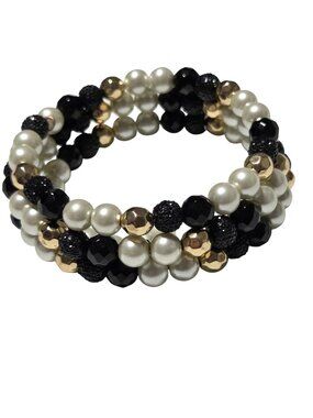Elegant Retro Beaded Coil Bracelet Gold Black White Memory Wire Fashion Jewelry